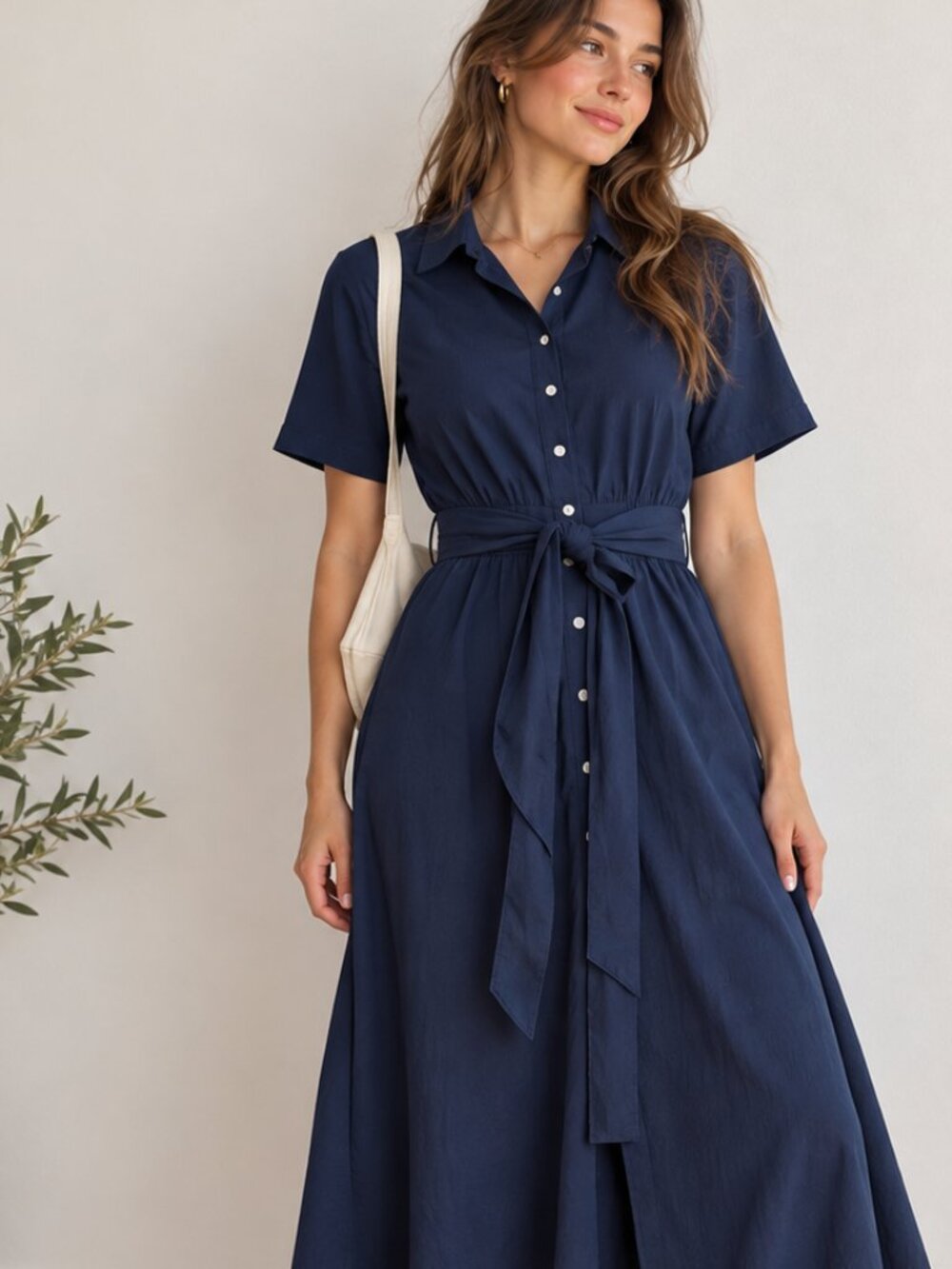 Navy Blue Midi Shirt Dress with Belt